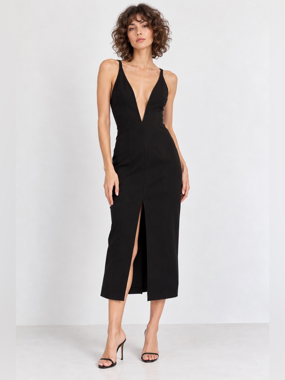 Bardot Black Plunge Midi Dress with Front Slit